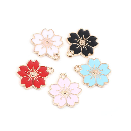 Immagine di Lega di Zinco Charms Fiore di Sakura Oro Placcato Rosso Smalto 20mm x 18mm , 20 Pz