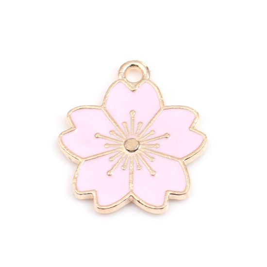 Picture of Zinc Based Alloy Charms Sakura Flower Gold Plated Light Pink Enamel 20mm x 18mm, 20 PCs
