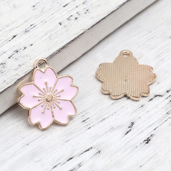 Immagine di Lega di Zinco Charms Fiore di Sakura Oro Placcato Rosa Chiaro Smalto 20mm x 18mm , 20 Pz
