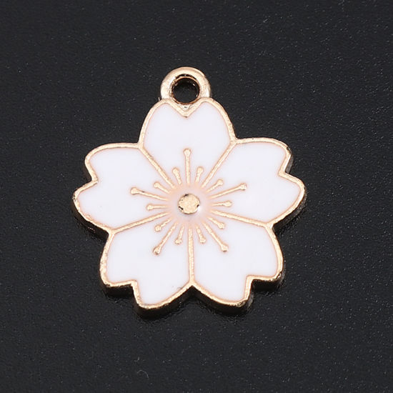 Immagine di Lega di Zinco Charms Fiore di Sakura Oro Placcato Bianco Smalto 20mm x 18mm , 20 Pz