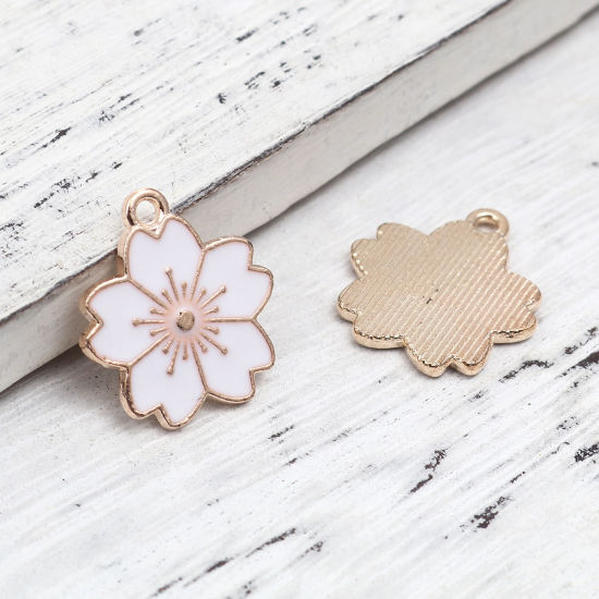 Immagine di Lega di Zinco Charms Fiore di Sakura Oro Placcato Bianco Smalto 20mm x 18mm , 20 Pz