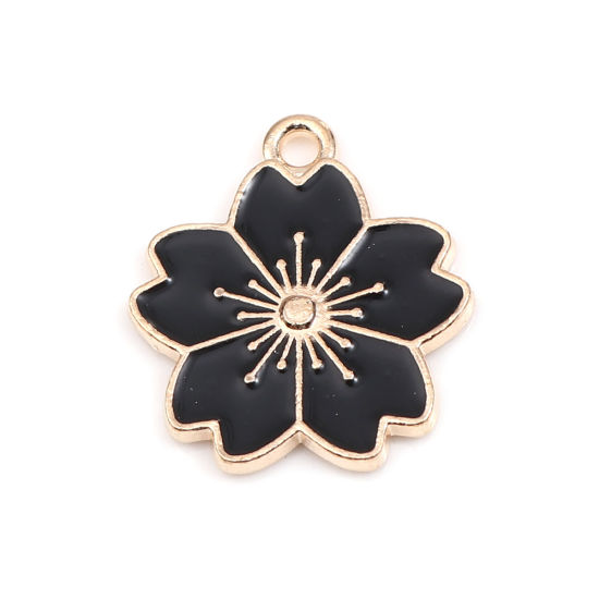 Picture of Zinc Based Alloy Charms Sakura Flower Gold Plated Black Enamel 20mm x 18mm, 20 PCs