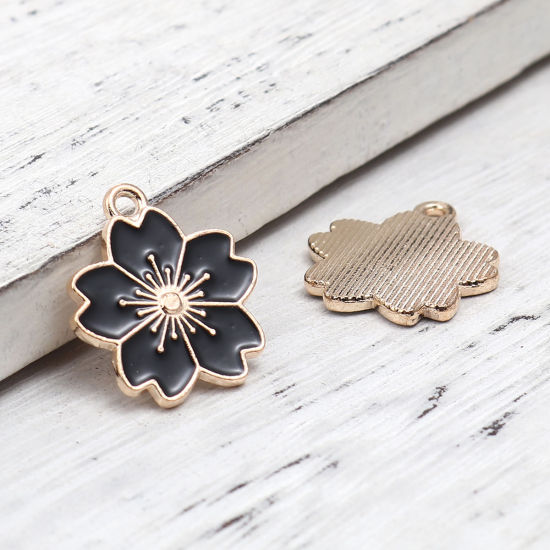 Immagine di Lega di Zinco Charms Fiore di Sakura Oro Placcato Nero Smalto 20mm x 18mm , 20 Pz