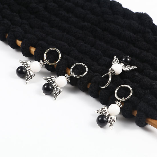 Bild von Zinklegierung Stricken Stitch Markers Engel Antiksilber Schwarz & Weiß 35mm x 19mm, 10 Stück