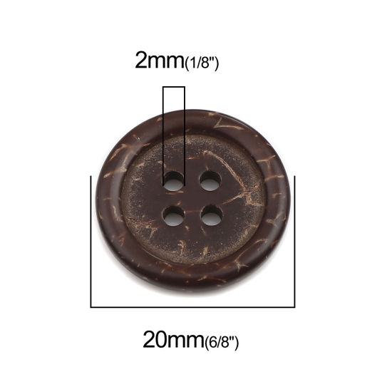 Изображение Кокосовая Койра Пуговицы Круглые Темно-кофейный С четырьмя отверстиями 20мм диаметр, 50 ШТ