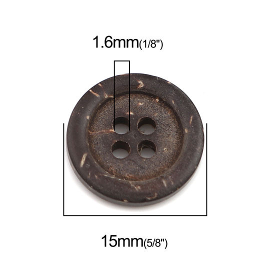 Изображение Кокосовая Койра Пуговицы Круглые Темно-кофейный С четырьмя отверстиями 15мм диаметр, 50 ШТ
