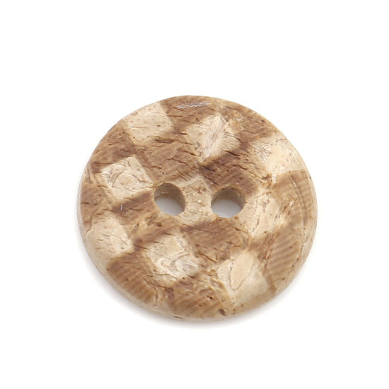 Picture of Coconut Shell Sewing Buttons Scrapbooking Two Holes Round Natural Grid Checker Pattern 15mm Dia, 50 PCs