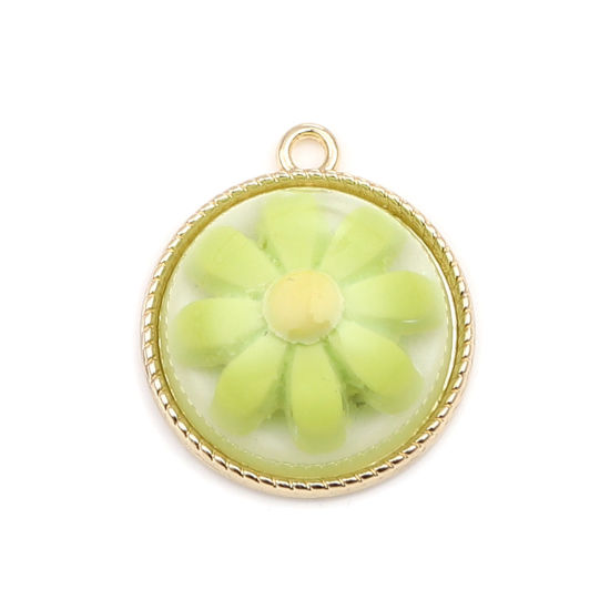 Picture of Zinc Based Alloy Charms Round Gold Plated Green Daisy Flower 25mm x 22mm, 5 PCs
