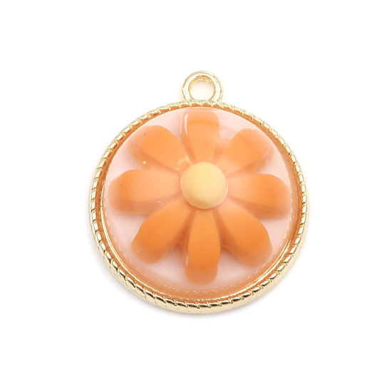 Picture of Zinc Based Alloy Charms Round Gold Plated Orange Daisy Flower 25mm x 22mm, 5 PCs
