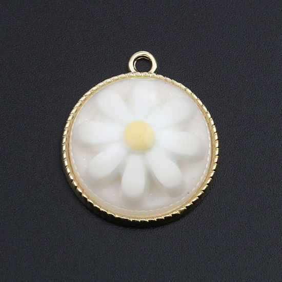 Picture of Zinc Based Alloy Charms Round Gold Plated Creamy-White Daisy Flower 25mm x 22mm, 5 PCs