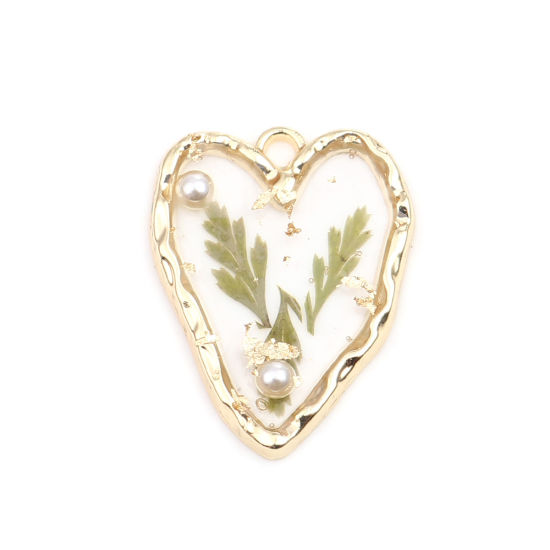 Image de Breloques Résine Epoxy Fleur Séchée Fait Main en Alliage de Zinc Cœur Doré Blanc & Vert Feuilles Imitation Perles 27mm x 21mm, 5 Pcs