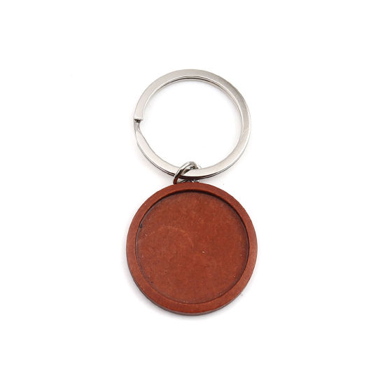 Picture of Zinc Based Alloy & Wood Keychain & Keyring Silver Tone Red Brown Round Cabochon Settings (Fits 3cm ) 7cm x 3.5cm, 1 Piece