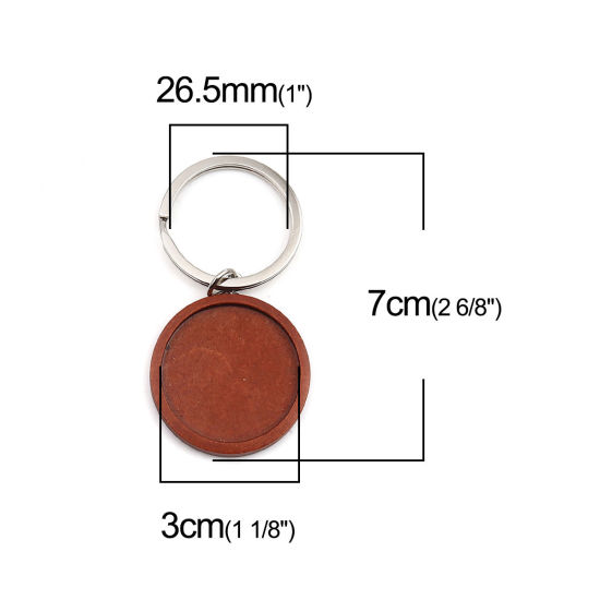 Picture of Zinc Based Alloy & Wood Keychain & Keyring Silver Tone Red Brown Round Cabochon Settings (Fits 3cm ) 7cm x 3.5cm, 1 Piece
