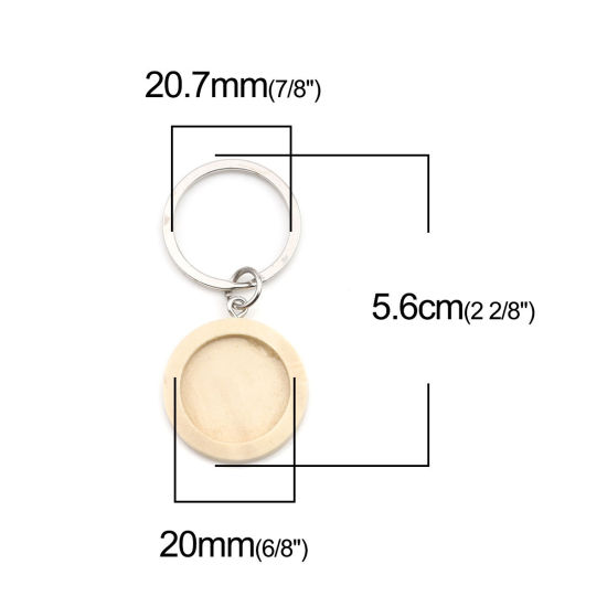Picture of Zinc Based Alloy & Wood Keychain & Keyring Silver Tone Natural Round Cabochon Settings (Fits 20mm Dia.) 56mm x 25mm, 1 Piece