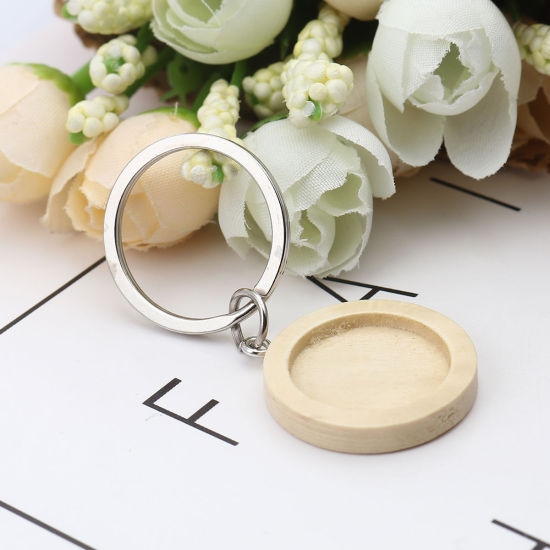Picture of Zinc Based Alloy & Wood Keychain & Keyring Silver Tone Natural Round Cabochon Settings (Fits 20mm Dia.) 56mm x 25mm, 1 Piece