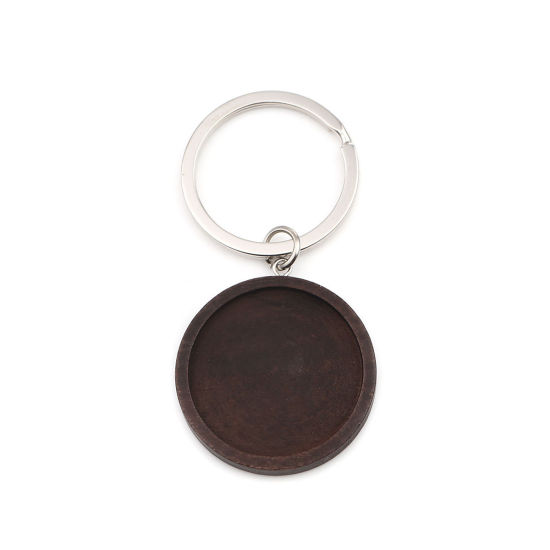 Picture of Zinc Based Alloy & Wood Keychain & Keyring Silver Tone Dark Brown Round Cabochon Settings (Fits 3cm ) 7cm x 3.5cm, 1 Piece