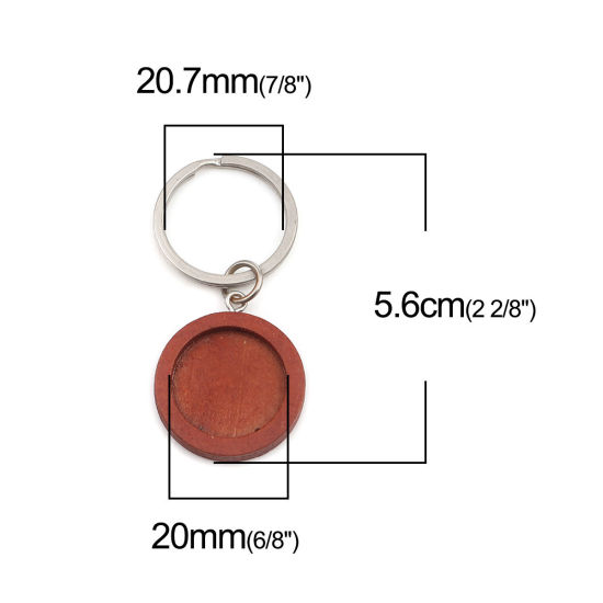 Picture of Zinc Based Alloy & Wood Keychain & Keyring Silver Tone Red Brown Round Cabochon Settings (Fits 20mm Dia.) 56mm x 25mm, 1 Piece