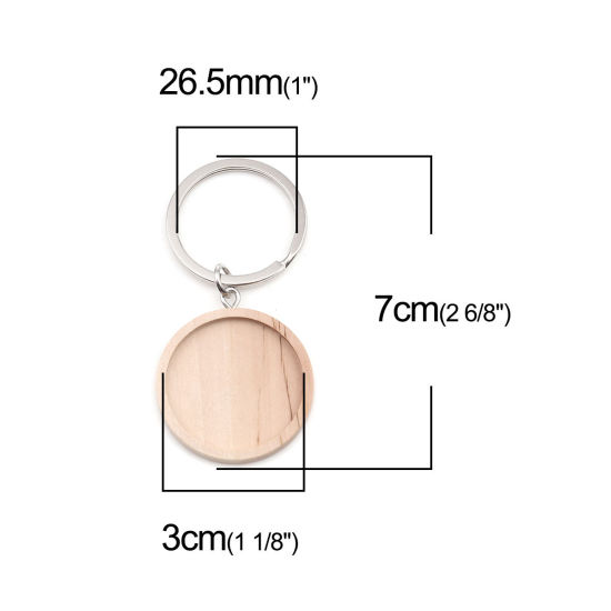 Picture of Zinc Based Alloy & Wood Keychain & Keyring Silver Tone Natural Round Cabochon Settings (Fits 3cm ) 7cm x 3.5cm, 1 Piece
