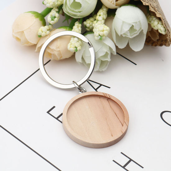 Picture of Zinc Based Alloy & Wood Keychain & Keyring Silver Tone Natural Round Cabochon Settings (Fits 3cm ) 7cm x 3.5cm, 1 Piece