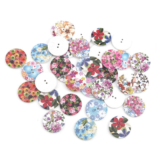 Picture of Wood Sewing Buttons Scrapbooking Two Holes Round At Random Mixed Flower 25mm Dia., 100 PCs