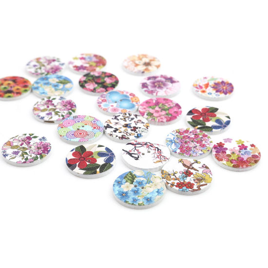 Picture of Wood Sewing Buttons Scrapbooking Two Holes Round At Random Mixed Flower 25mm Dia., 100 PCs