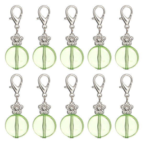 Picture of Zinc Based Alloy & Resin Knitting Stitch Markers Round Silver Tone Green Flower 43mm x 16mm, 10 PCs