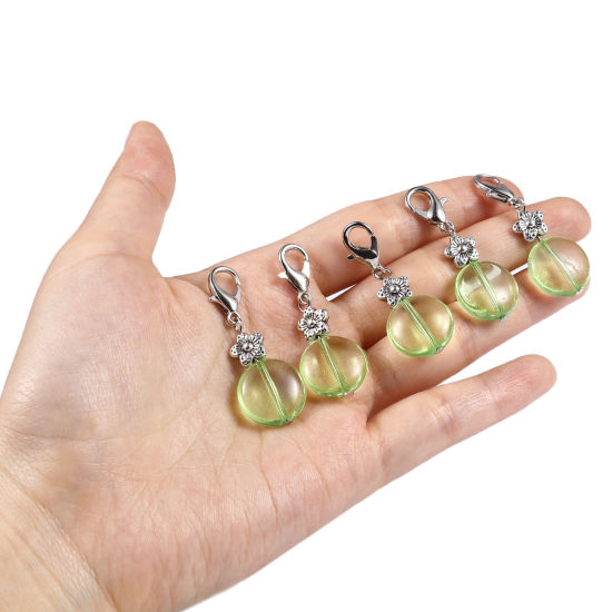 Picture of Zinc Based Alloy & Resin Knitting Stitch Markers Round Silver Tone Green Flower 43mm x 16mm, 10 PCs