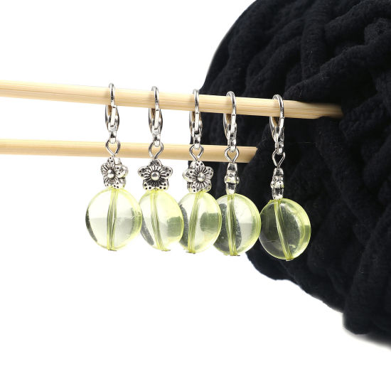 Bild von Zinklegierung + Harz Stricken Stitch Markers Rund Silberfarbe Gelb Blumen 43mm x 16mm, 10 Stück