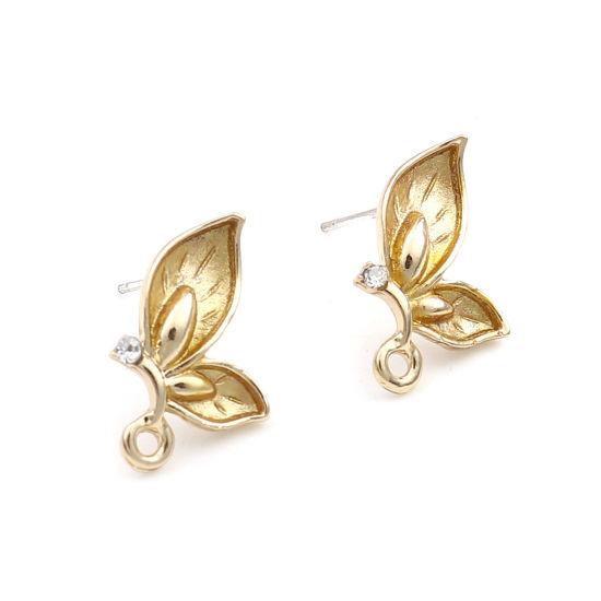 Picture of Zinc Based Alloy Insect Ear Post Stud Earrings Findings Butterfly Animal Gold Plated Yellow W/ Loop Clear Rhinestone 13mm x 10mm, Post/ Wire Size: (21 gauge), 4 PCs