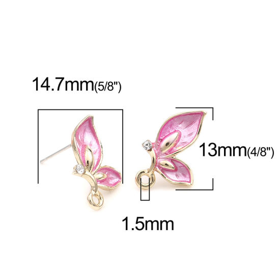 Image de Boucles d'Oreilles Puces Insecte en Alliage de Zinc Papillon Rose Doré avec Boucle à Strass Transparent 13mm x 10mm, Epaisseur de Fil: (21 gauge), 4 Pcs