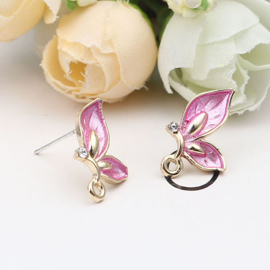 Image de Boucles d'Oreilles Puces Insecte en Alliage de Zinc Papillon Rose Doré avec Boucle à Strass Transparent 13mm x 10mm, Epaisseur de Fil: (21 gauge), 4 Pcs
