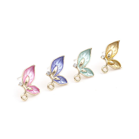 Image de Boucles d'Oreilles Puces Insecte en Alliage de Zinc Papillon Rose Doré avec Boucle à Strass Transparent 13mm x 10mm, Epaisseur de Fil: (21 gauge), 4 Pcs
