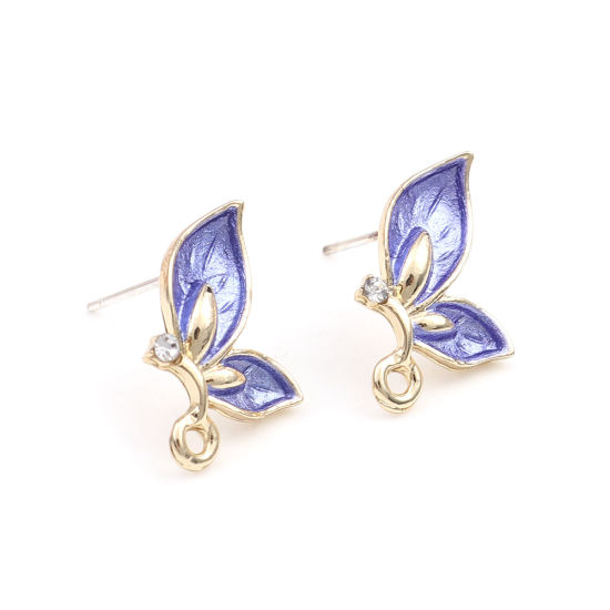 Picture of Zinc Based Alloy Insect Ear Post Stud Earrings Findings Butterfly Animal Gold Plated Blue W/ Loop Clear Rhinestone 13mm x 10mm, Post/ Wire Size: (21 gauge), 4 PCs
