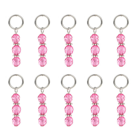 Picture of Zinc Based Alloy & Resin Knitting Stitch Markers Silver Tone Fuchsia 44mm x 12mm, 10 PCs