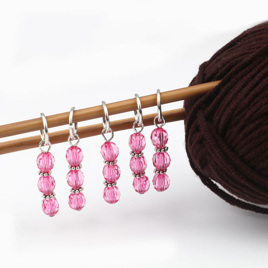 Bild von Zinklegierung + Harz Stricken Stitch Markers Silberfarbe Fuchsie 44mm x 12mm, 10 Stück