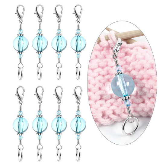 Bild von Zinklegierung + Harz Stricken Stitch Markers Silberfarbe Blau 62mm x 14mm, 10 Stück