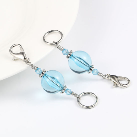 Bild von Zinklegierung + Harz Stricken Stitch Markers Silberfarbe Blau 62mm x 14mm, 10 Stück