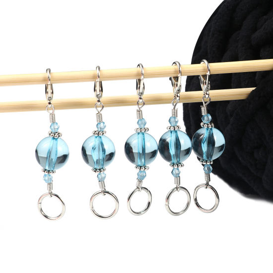 Bild von Zinklegierung + Harz Stricken Stitch Markers Silberfarbe Blau 62mm x 14mm, 10 Stück