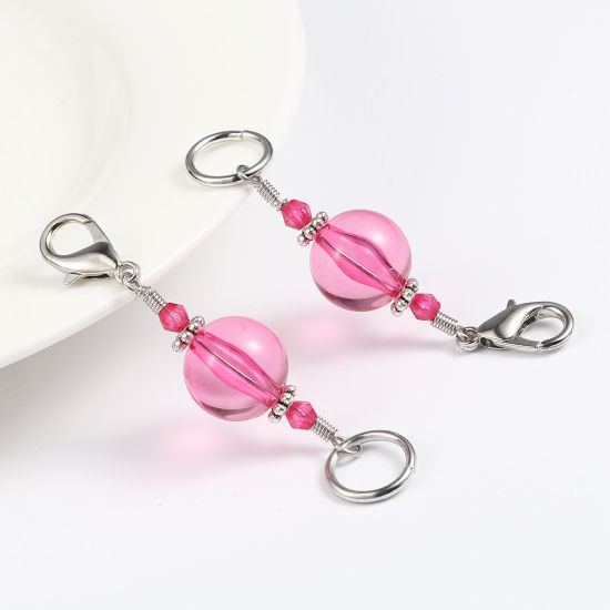 Bild von Zinklegierung + Harz Stricken Stitch Markers Silberfarbe Fuchsie 62mm x 14mm, 10 Stück