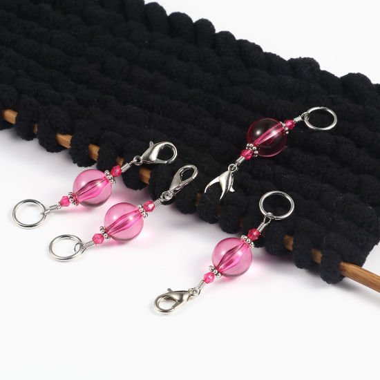 Bild von Zinklegierung + Harz Stricken Stitch Markers Silberfarbe Fuchsie 62mm x 14mm, 10 Stück