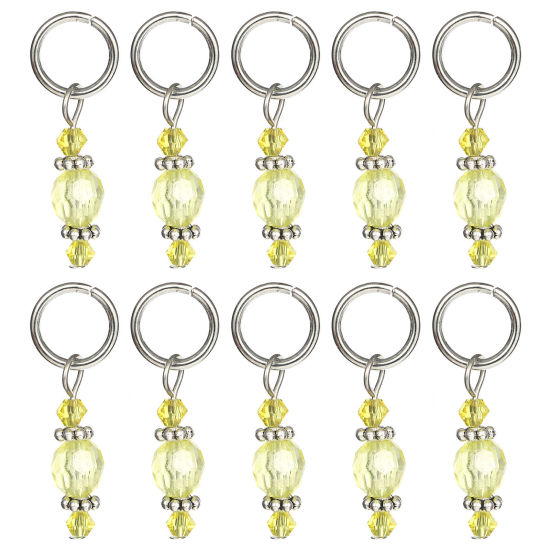Picture of Zinc Based Alloy & Resin Knitting Stitch Markers Silver Tone Yellow 36mm x 12mm, 10 PCs