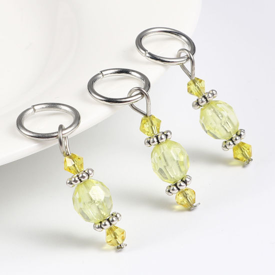 Picture of Zinc Based Alloy & Resin Knitting Stitch Markers Silver Tone Yellow 36mm x 12mm, 10 PCs