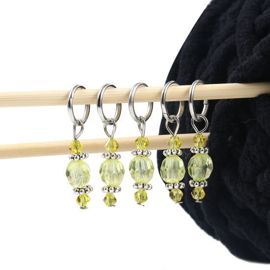 Bild von Zinklegierung + Harz Stricken Stitch Markers Silberfarbe Gelb 36mm x 12mm, 10 Stück