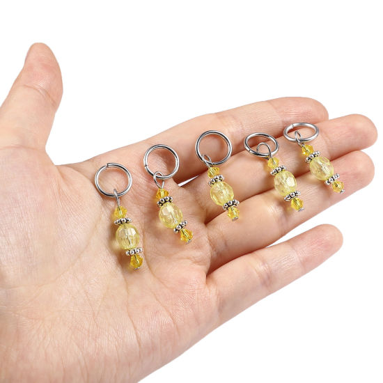 Picture of Zinc Based Alloy & Resin Knitting Stitch Markers Silver Tone Yellow 36mm x 12mm, 10 PCs