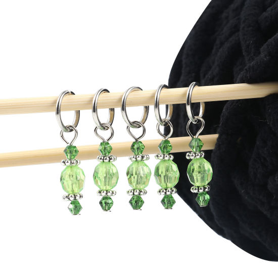 Bild von Zinklegierung + Harz Stricken Stitch Markers Silberfarbe Grün 36mm x 12mm, 10 Stück