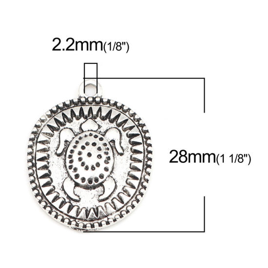 亜鉛合金 海ジュエリー チャーム 海亀 銀古美 楕円形彫刻 28mm x 22mm、 10 個 の画像