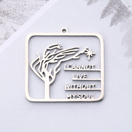 Picture of 304 Stainless Steel Pendants Rectangle Silver Tone Message " I CANNOT LIVE WITHOUT MY SOUL " 33mm x 30mm, 1 Piece