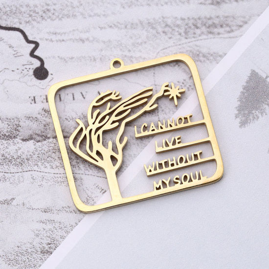 Picture of 304 Stainless Steel Pendants Rectangle Gold Plated Message " I CANNOT LIVE WITHOUT MY SOUL " 33mm x 30mm, 1 Piece