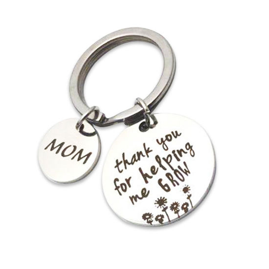 Picture of 304 Stainless Steel Keychain & Keyring Round Silver Tone Message " MOM thank you for helping me grow " 25mm Dia., 1 Piece