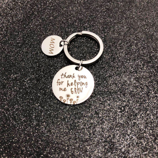 Picture of 304 Stainless Steel Keychain & Keyring Round Silver Tone Message " MOM thank you for helping me grow " 25mm Dia., 1 Piece